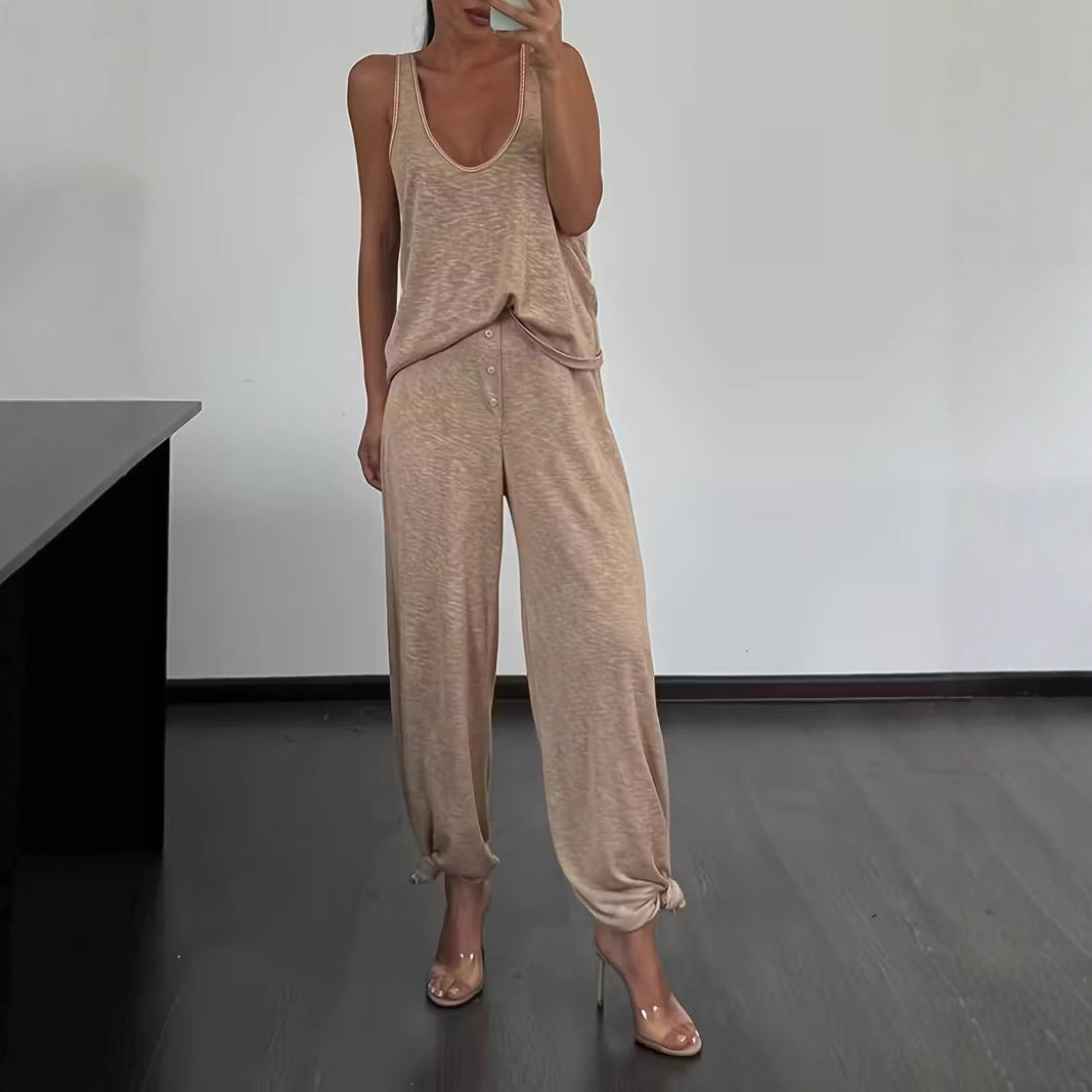Womens Home Fitness Two-Piece Set Tank Top And Wide-Leg Pants
