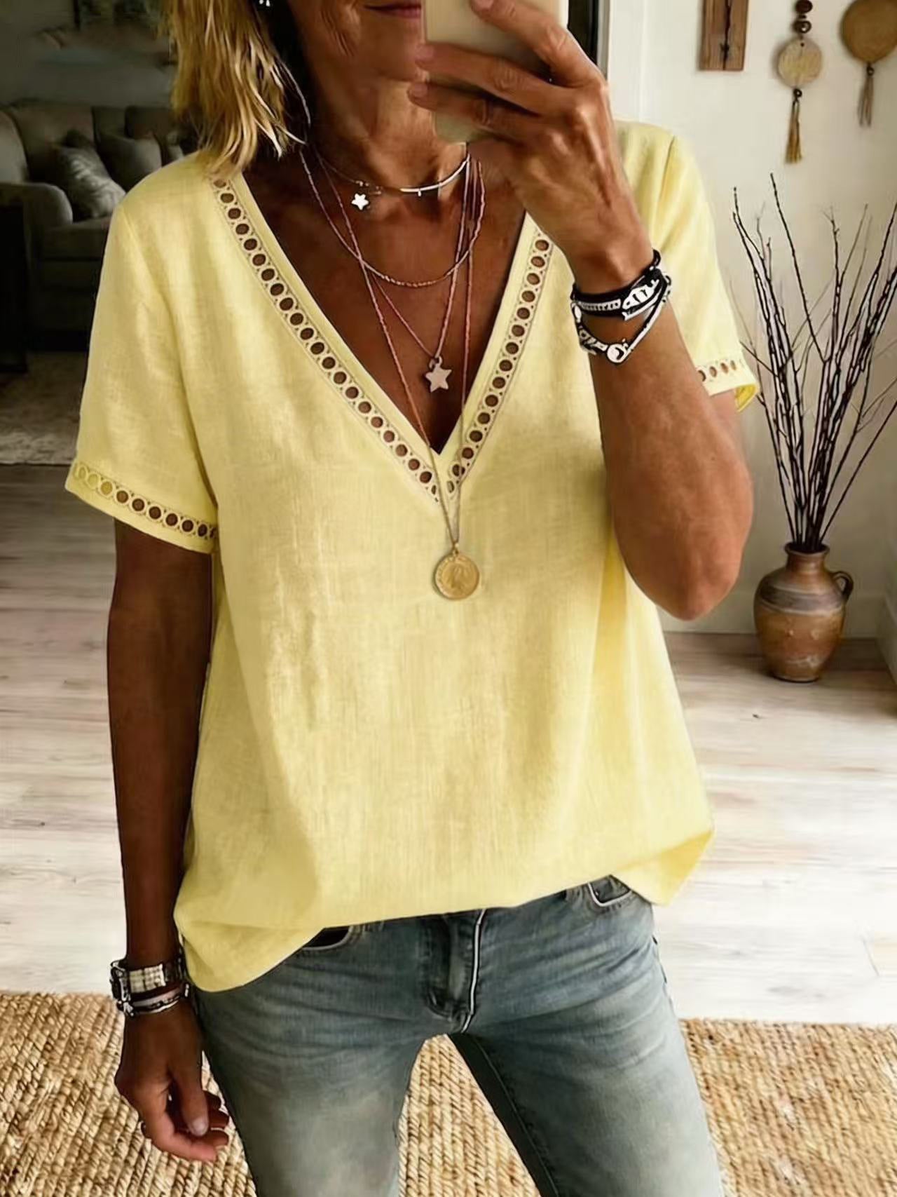 Women's Casual Patchwork Hollow-Out Lace V-Neck Short-Sleeve Top