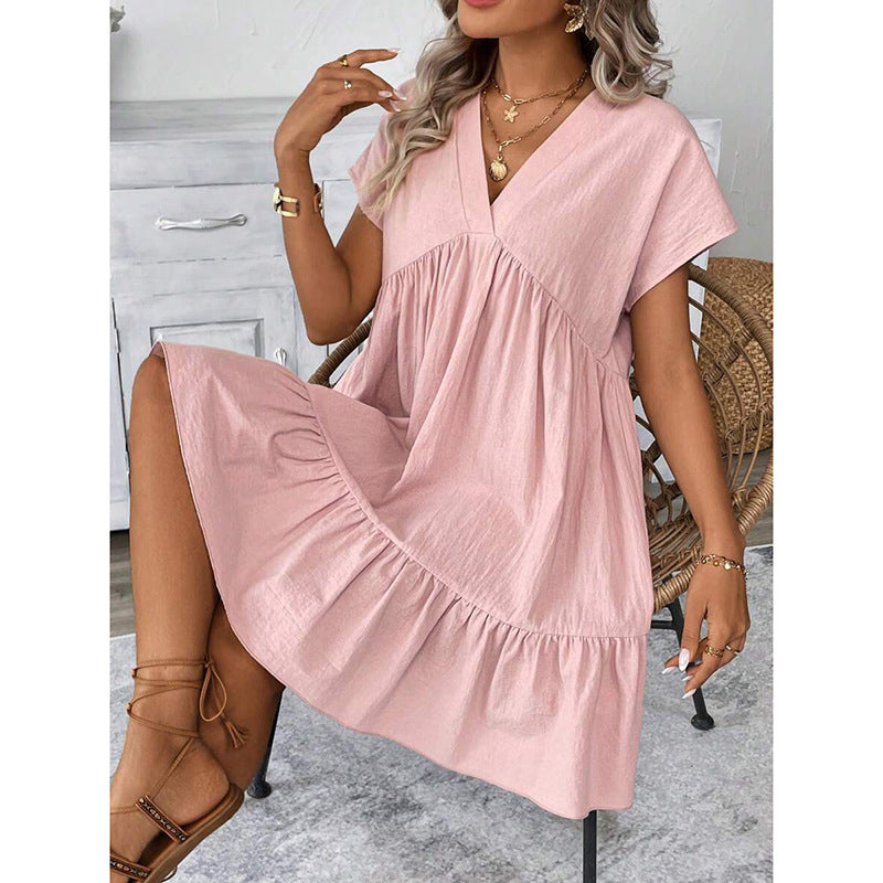 Summer Vacation Style V-Neck Solid Color Loose Skirt