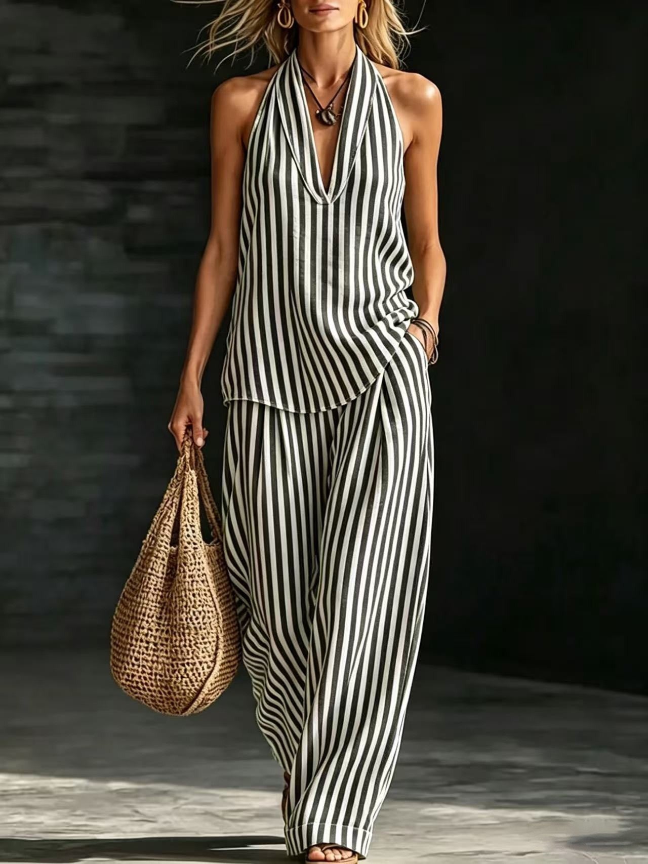 Striped Wide-leg Pants Womens Fashionable Two-piece Set