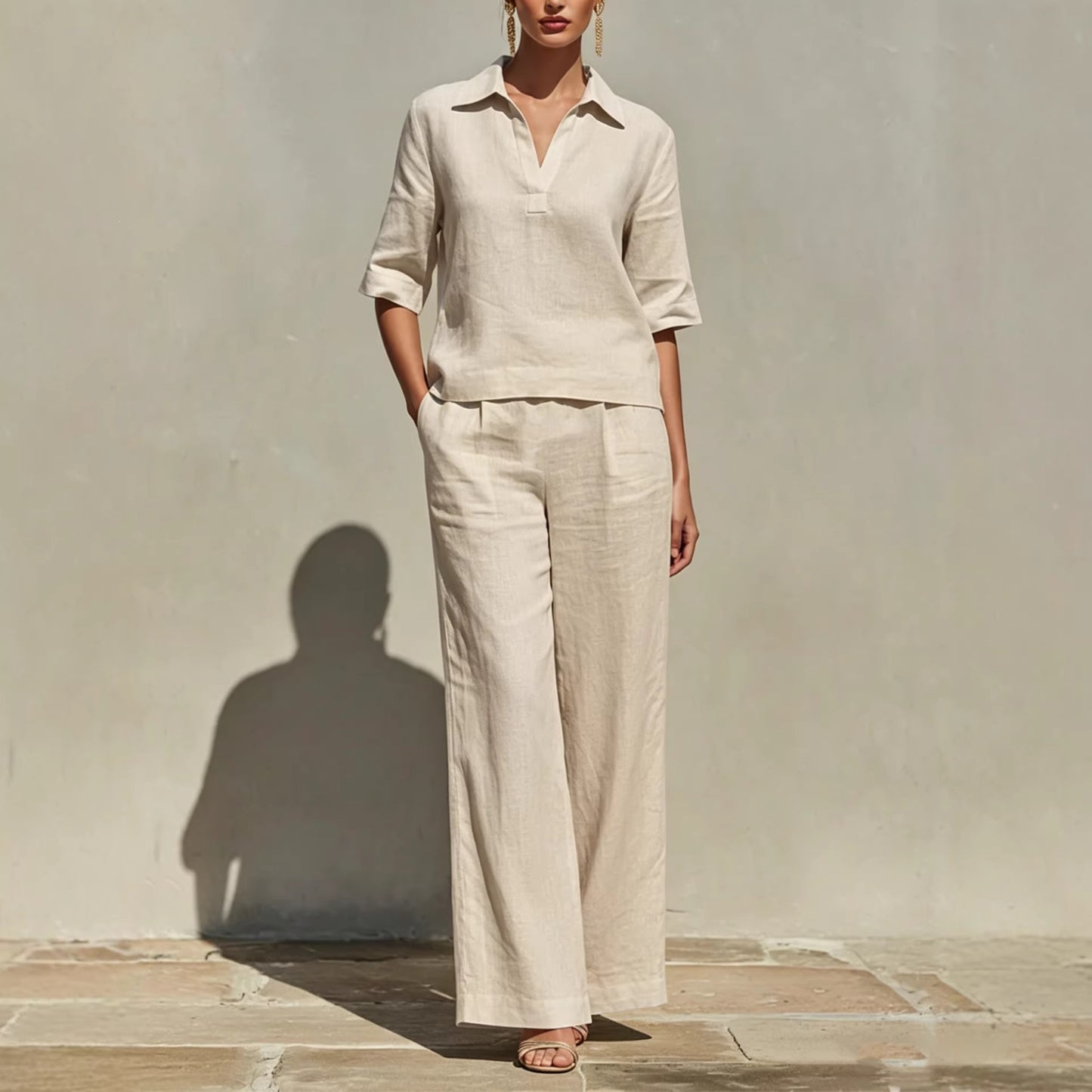 Women's Solid-Colored Casual Linen Two-Piece Set