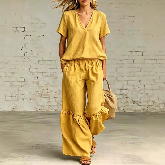 Womens Casual Solid Color V-Neck Loose Short-Sleeve Pants Set