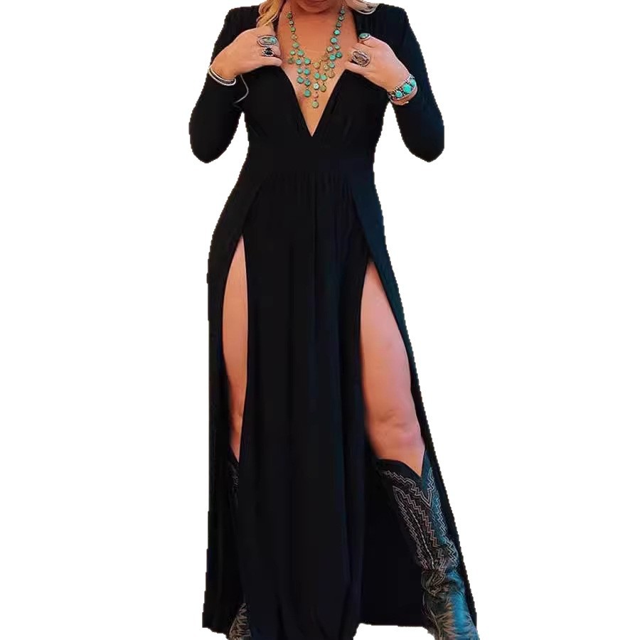 Long-sleeve V-neck Solid-color Hollow-out Dress