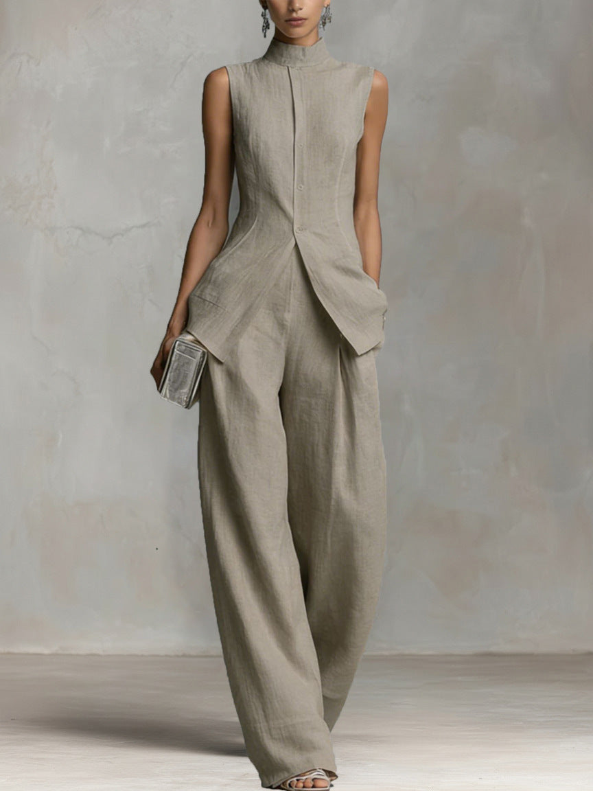High-Neck Linen Two-Piece Set