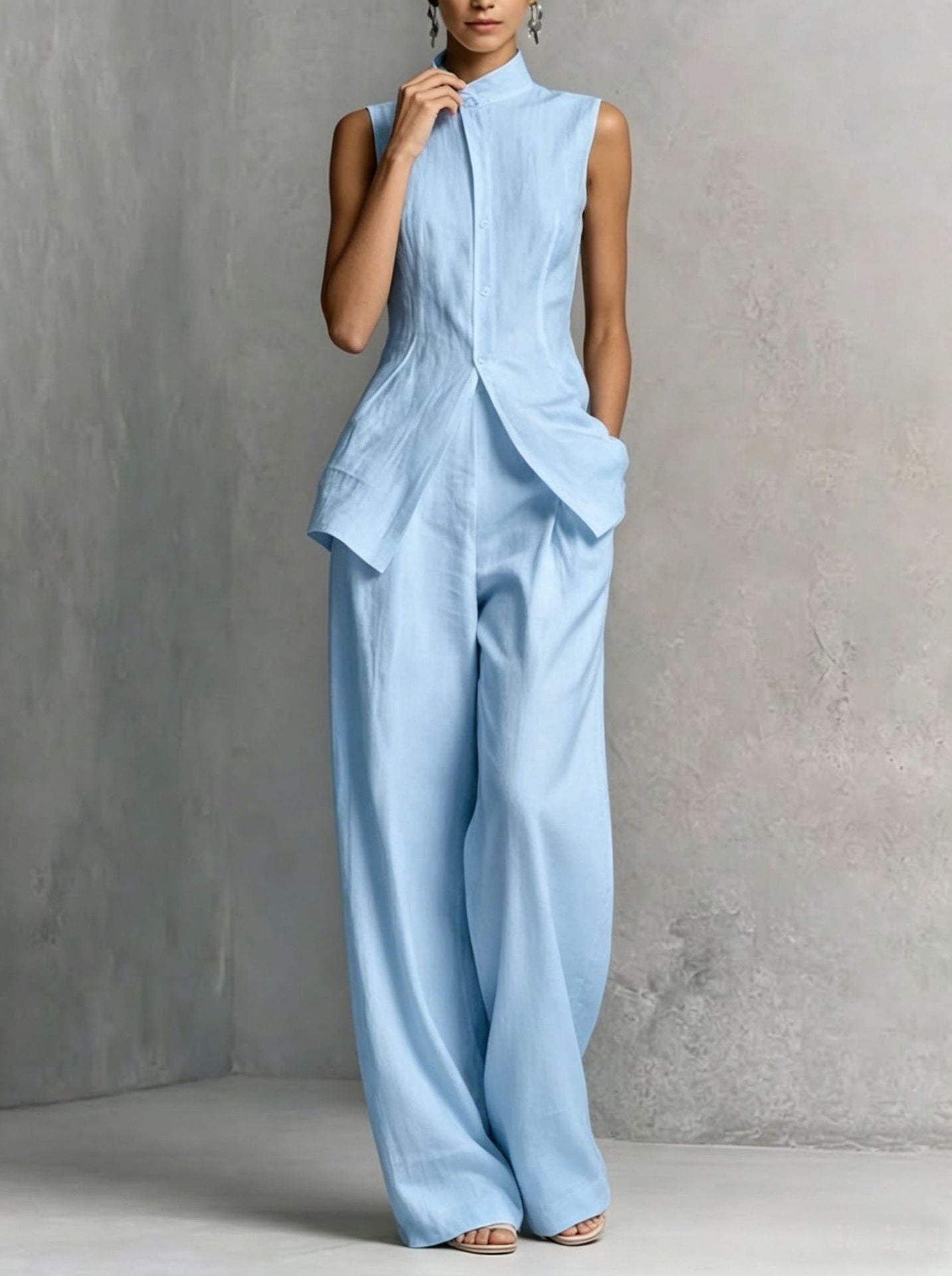 High-Neck Linen Two-Piece Set