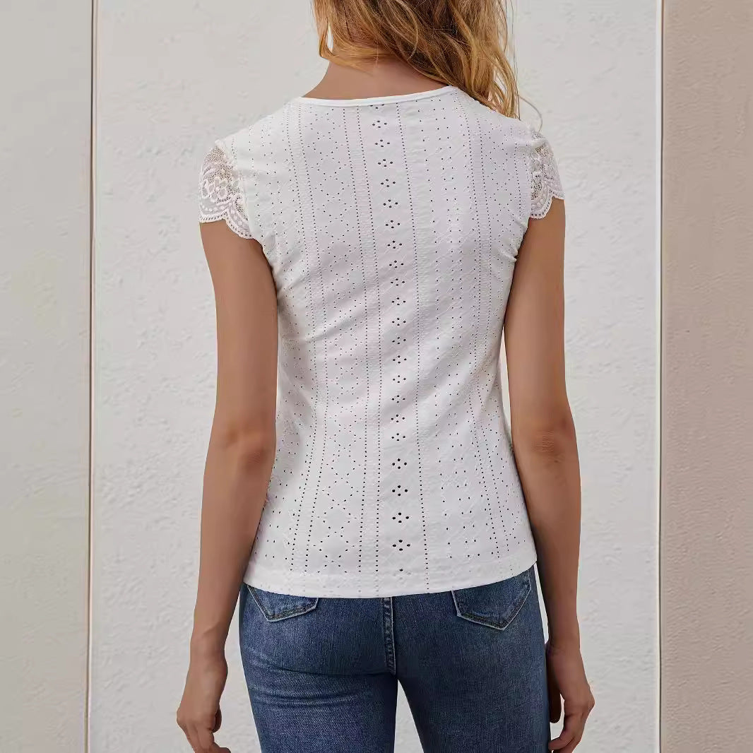 V-neck Front-Button Lace-Patchwork Slimming T-Shirt Short-Sleeve Top Womens Apparel
