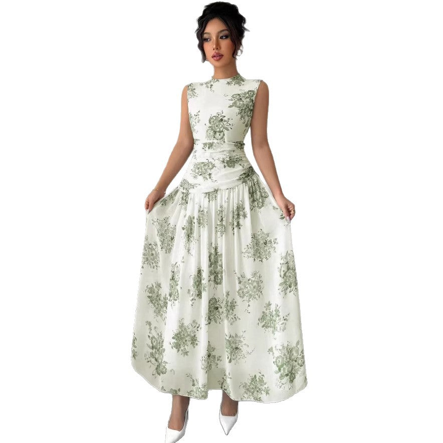 Womens Elegant Round-Neck Sleeveless Printed Waist-Cinching Dress