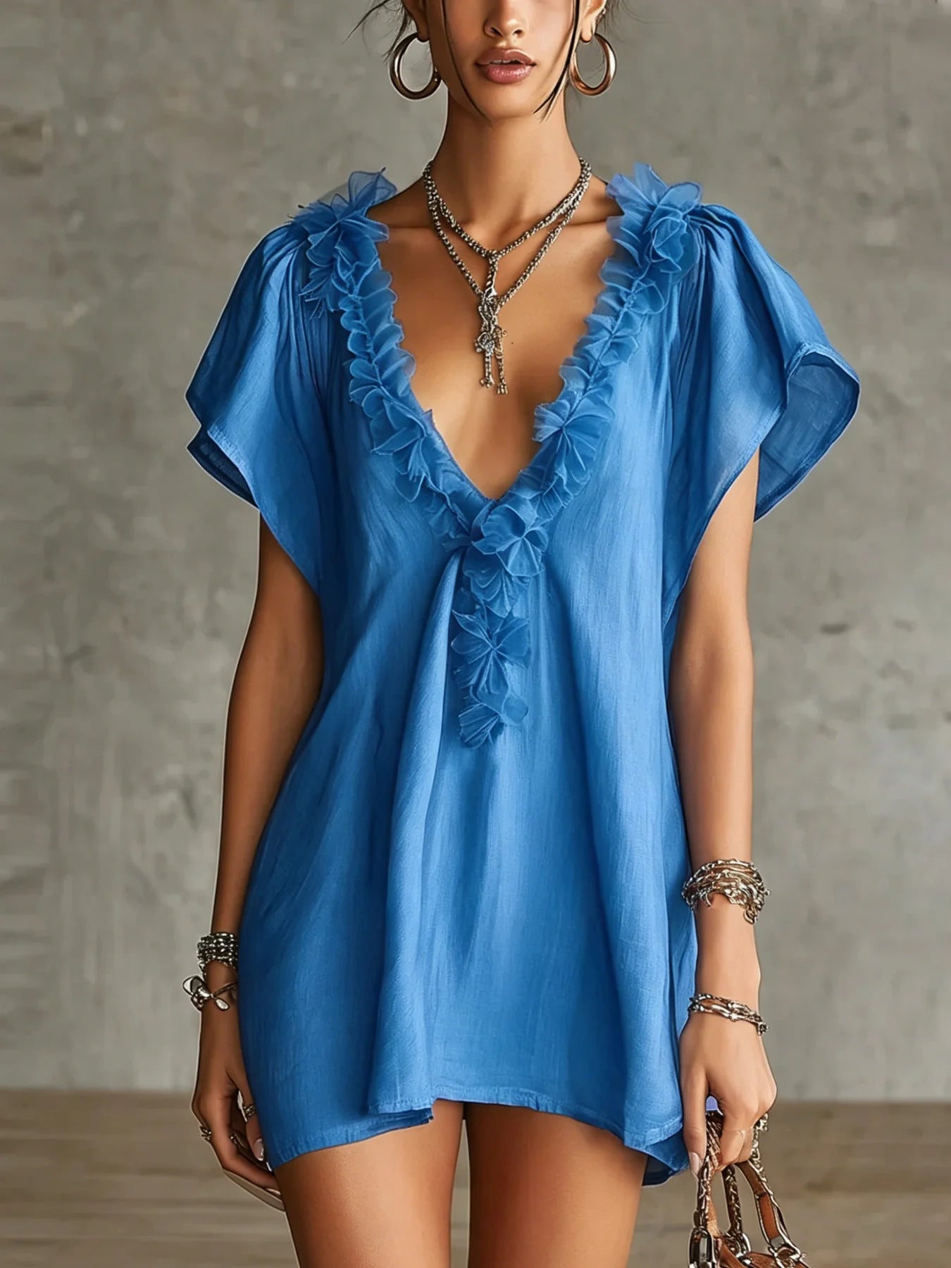 Casual Ruffled V-Neck Short-Sleeve Dress