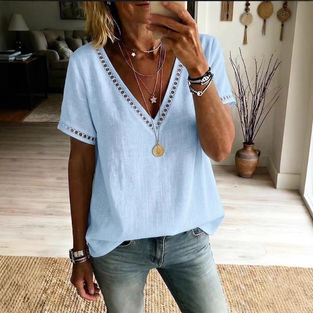 Women's Casual Patchwork Hollow-Out Lace V-Neck Short-Sleeve Top