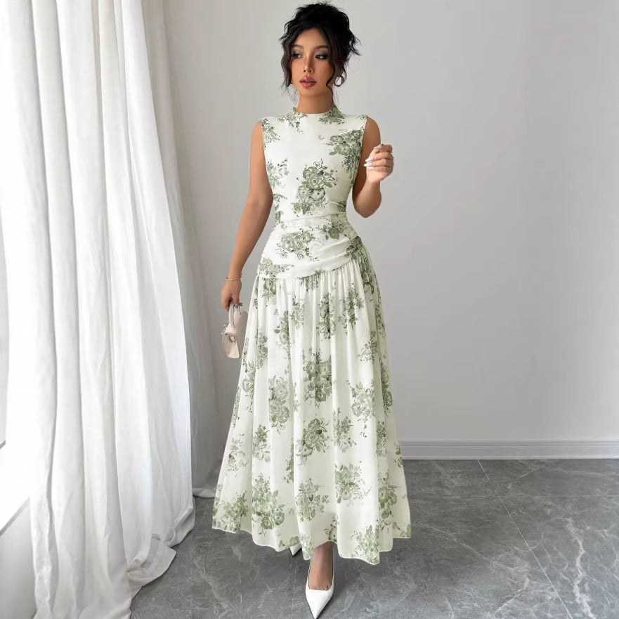 Womens Elegant Round-Neck Sleeveless Printed Waist-Cinching Dress