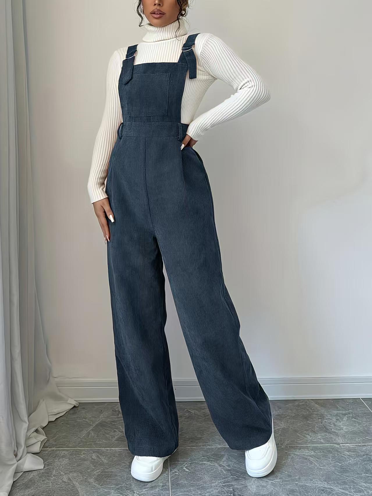 Corduroy Loose Straight Bib Pants Women