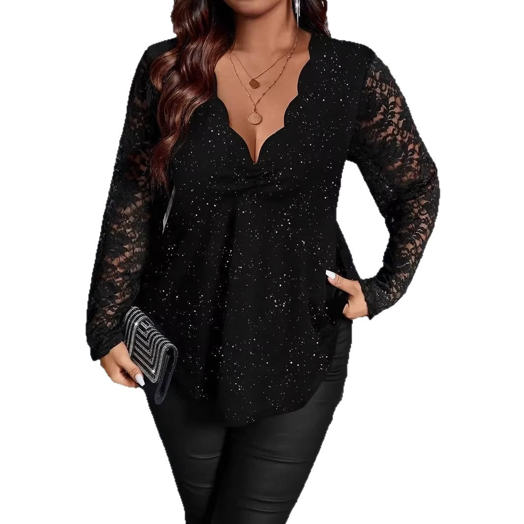 Womens Loose Powder-Effect Elegant Lace V-Neck Long-Sleeve T-Shirt