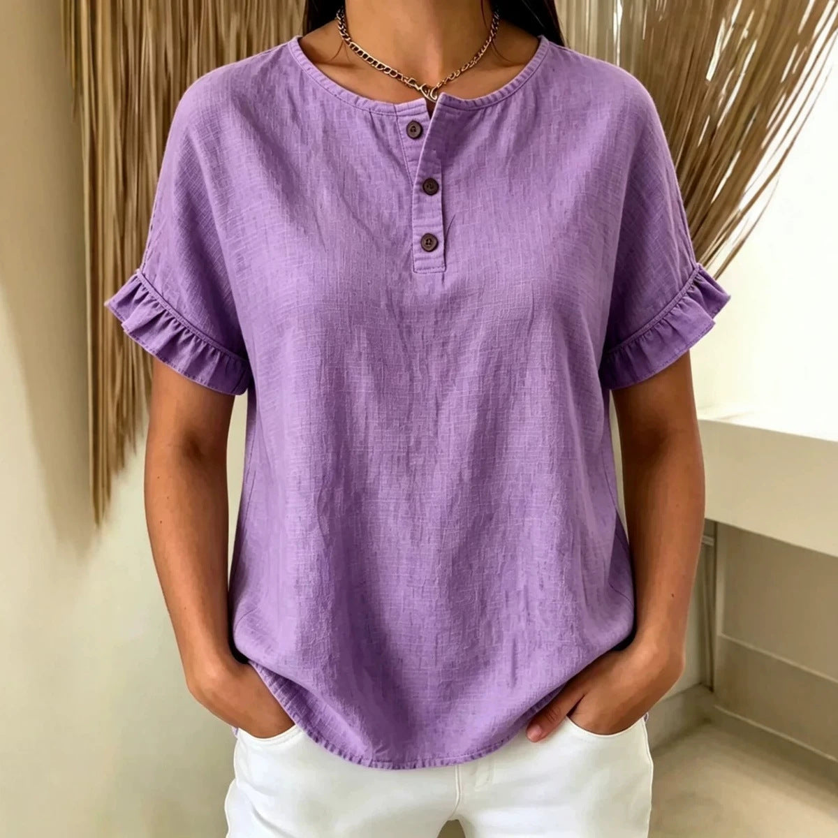 Womens Cotton-Linen Ruffle-Trimmed Button-Up Short-Sleeve Top