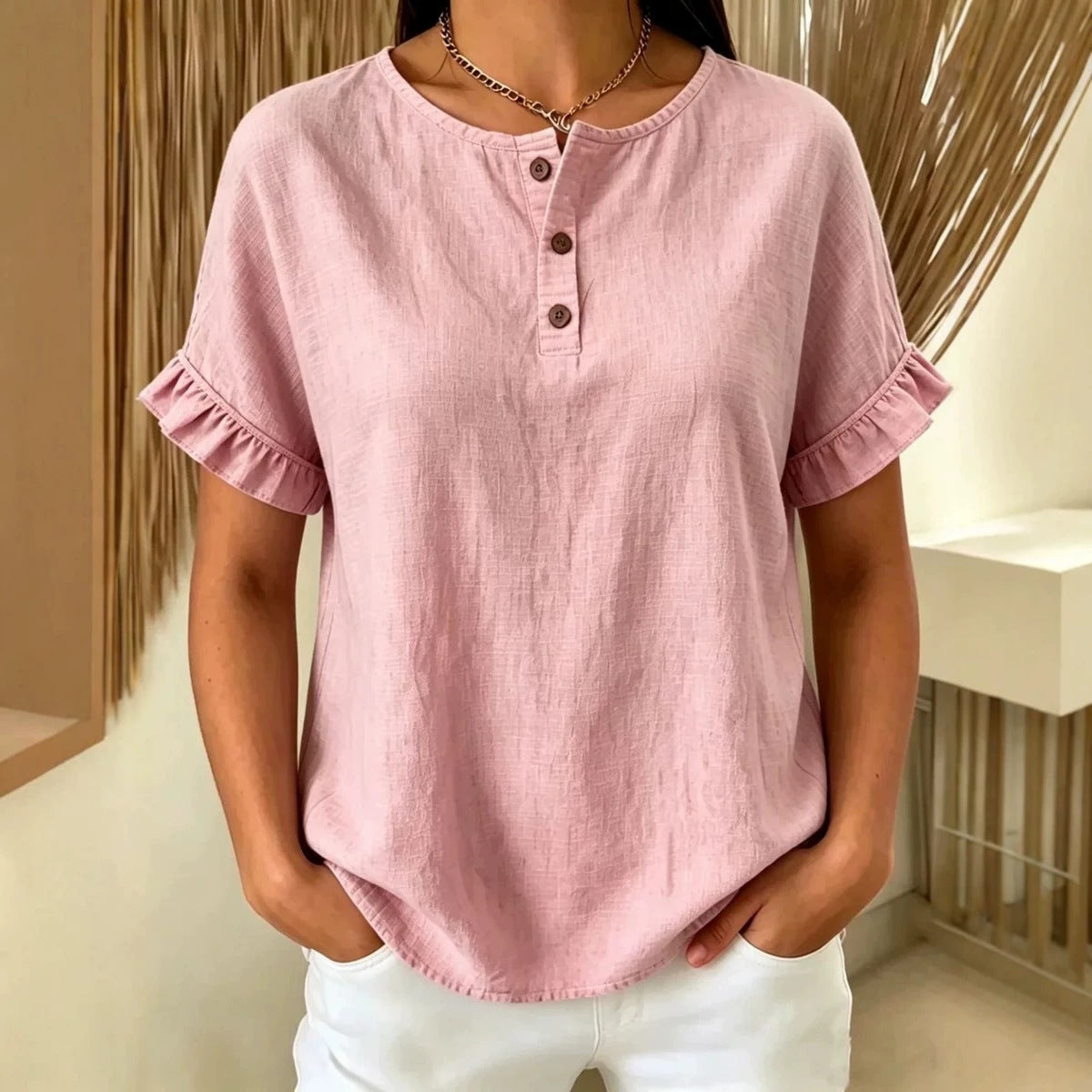 Womens Cotton-Linen Ruffle-Trimmed Button-Up Short-Sleeve Top