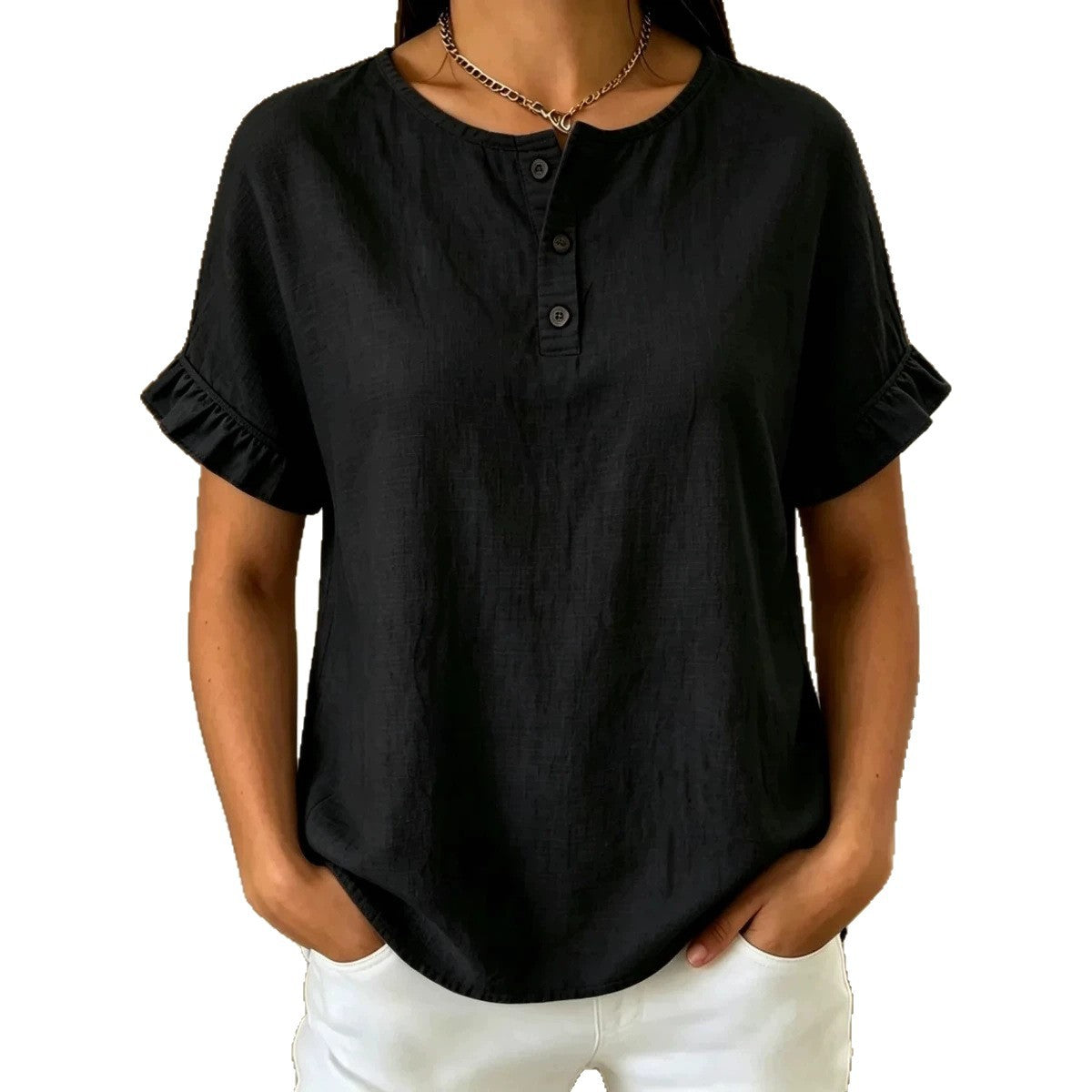 Womens Cotton-Linen Ruffle-Trimmed Button-Up Short-Sleeve Top