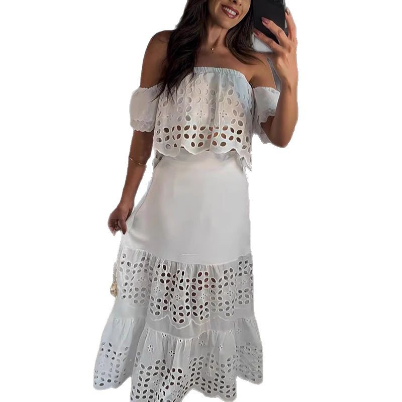 Womens Fashionable Elegant Lace Hollow-Out Off-Shoulder Dress