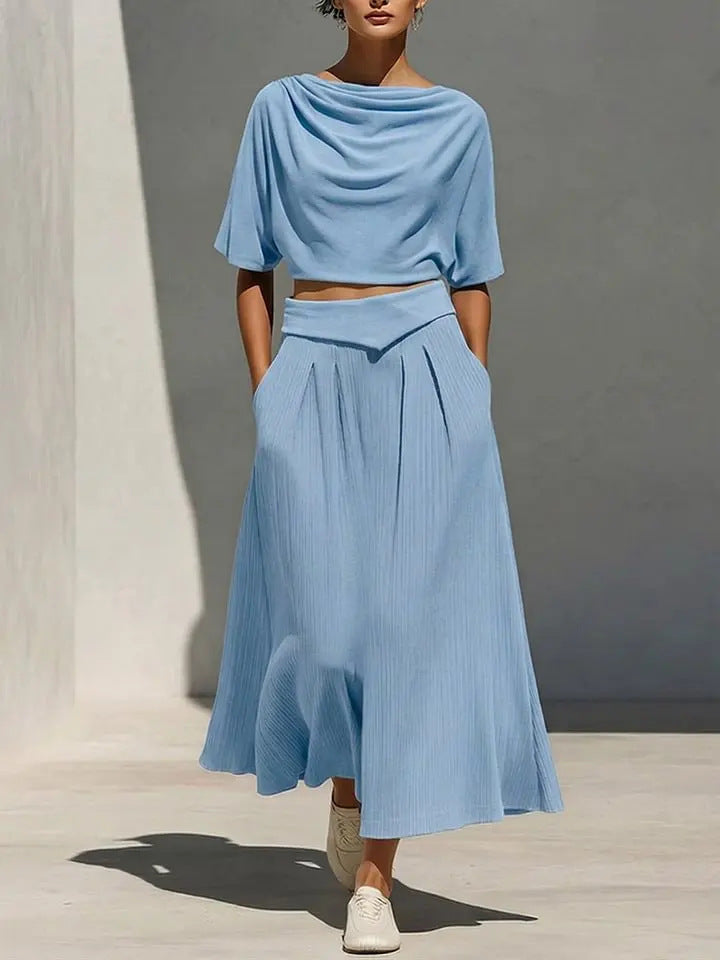 Womens Crew-Neck Short-Sleeve Casual Top And High-Waist Skirt Set