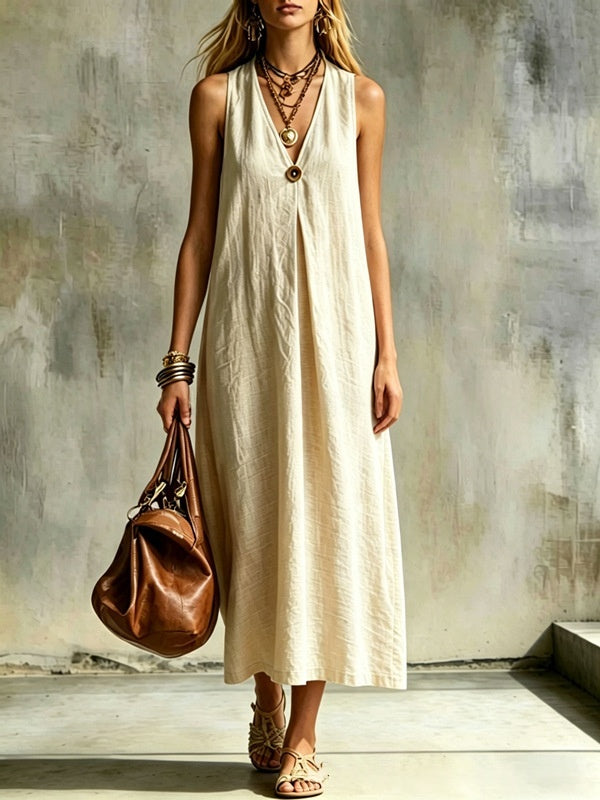 Cotton-Linen Loose V-Neck Single-Buckle Long Sleeveless Dress