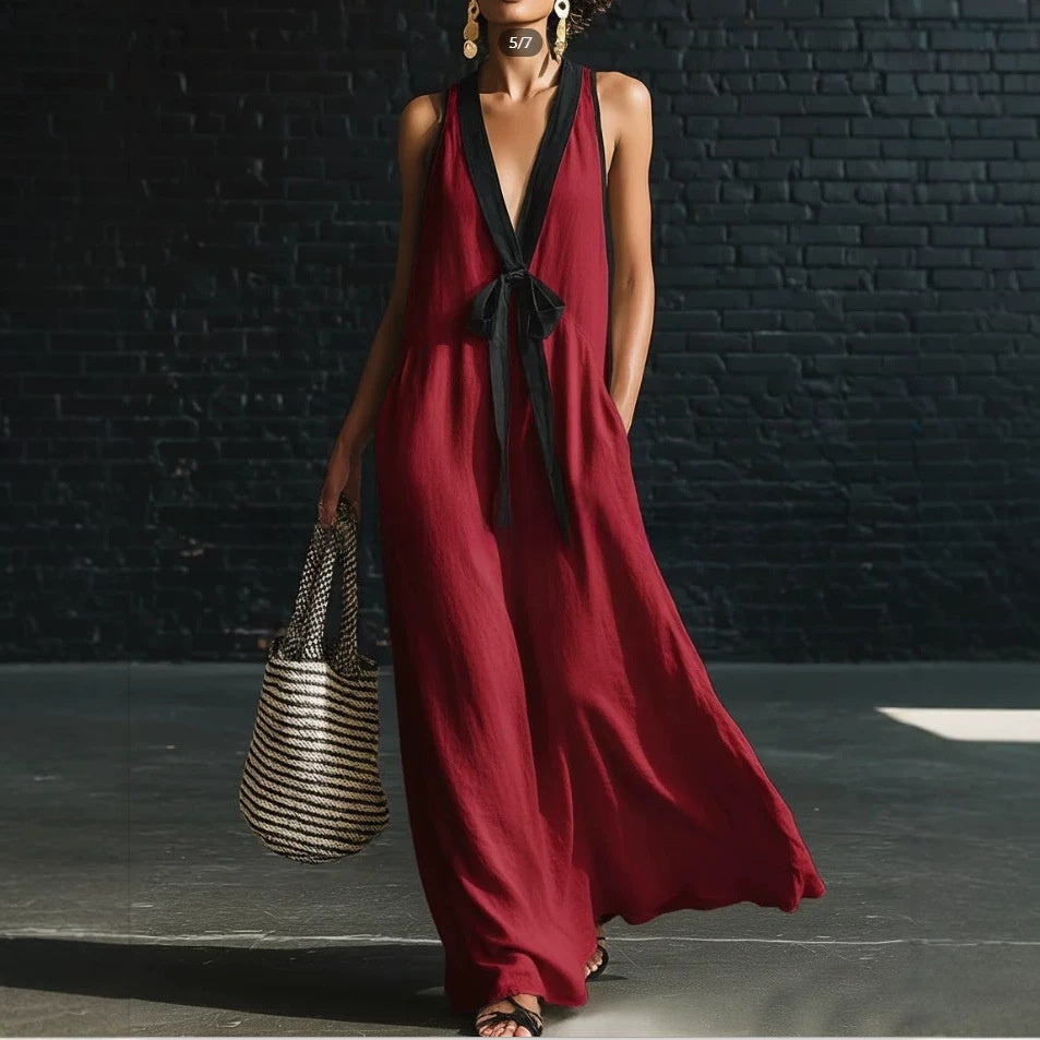 Classic Elegant Contrast-color Necktie Long Dress