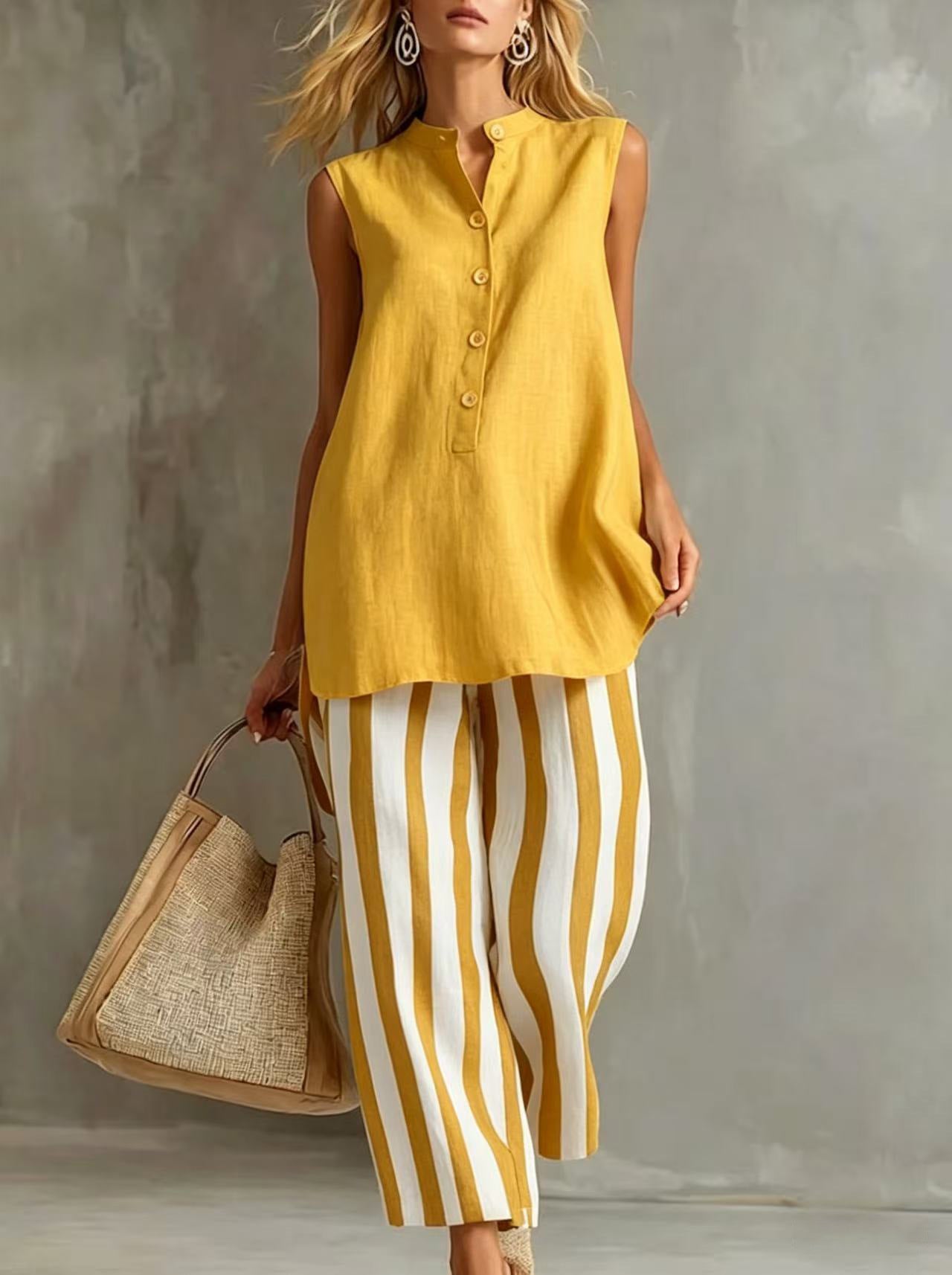 Casual Sleeveless Shirt Top And Striped Wide-Leg Pants Two-Piece Set