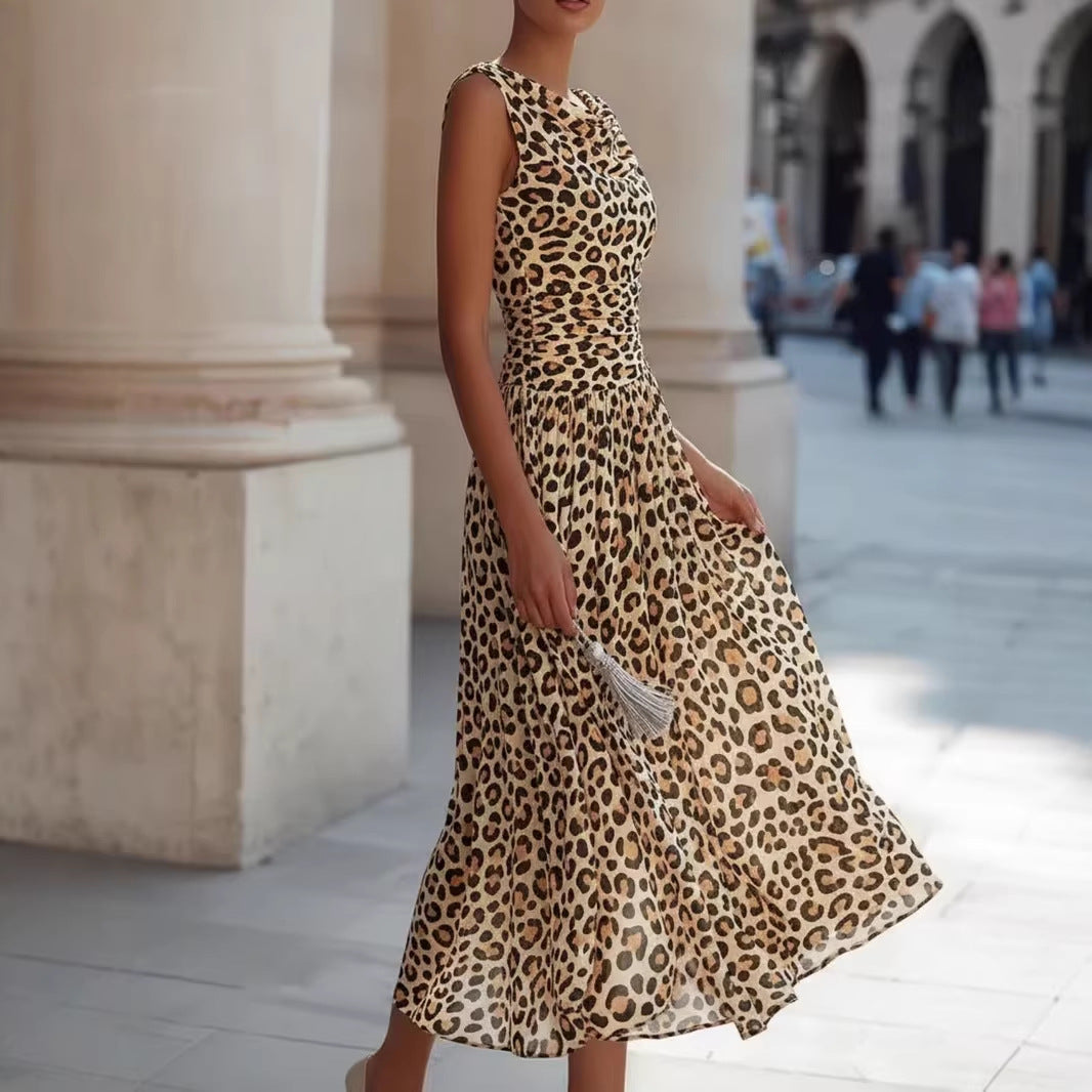 Sleeveless Waist-Cinching Leopard-Print Dress For Women