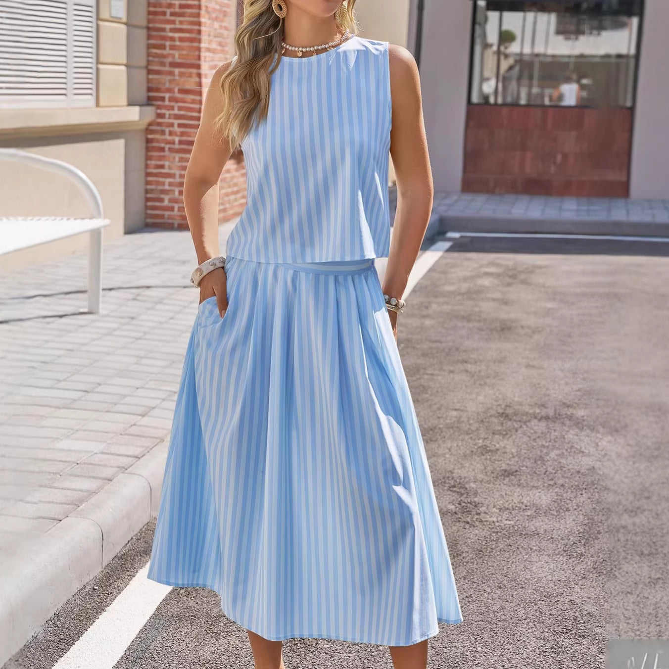 Womens Elegant Striped Vest And A-Line Skirt Two-Piece Set