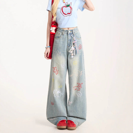 Cartoon Embroidered Jeans For Women