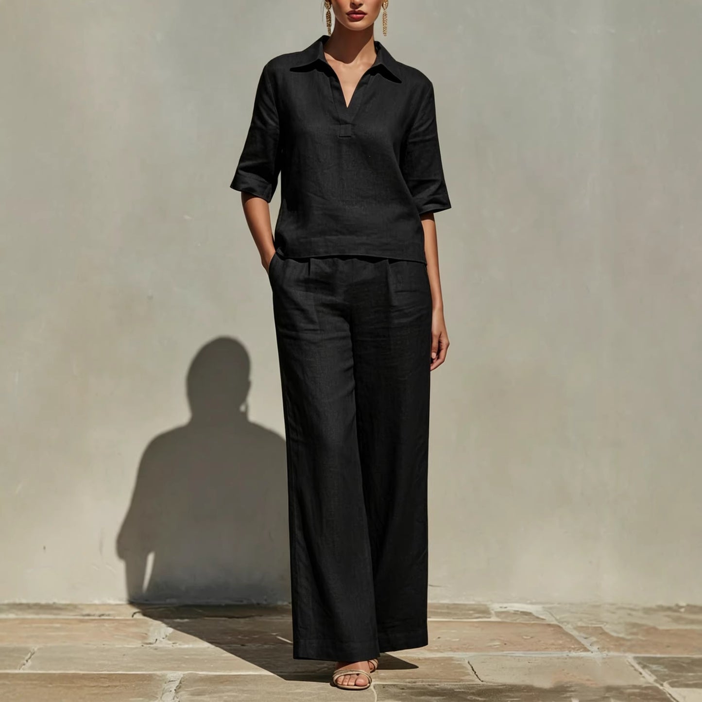 Women's Solid-Colored Casual Linen Two-Piece Set