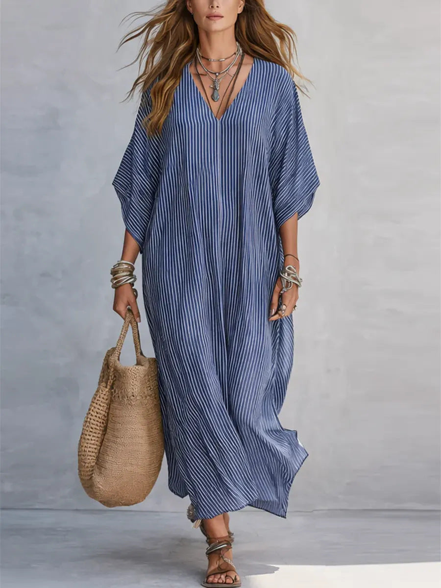 Loose-fitting Plus-size Resort Maxi Dress V-neck Shirt-style Striped Sundress