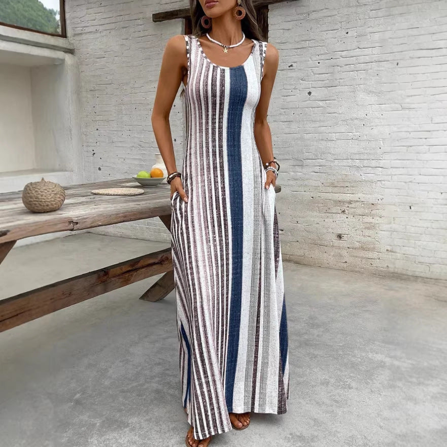Women's Fashionable Striped Split Long Dress