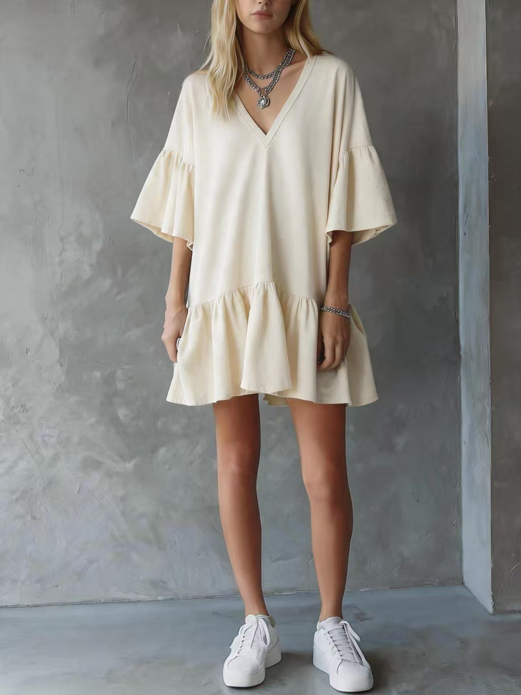 Womens Ruffled V-Neck Solid Color Loose Short Dress