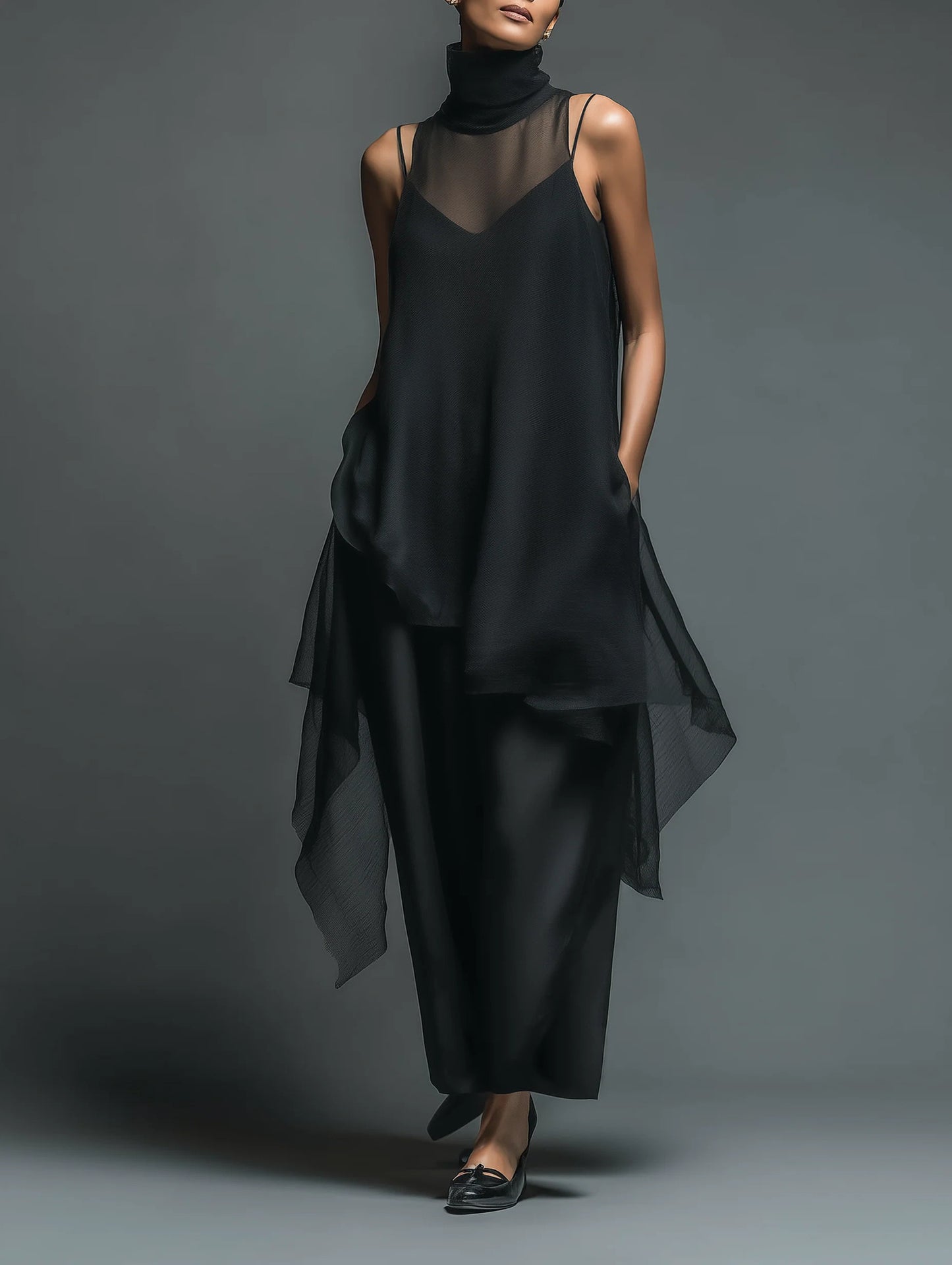 High-neck Asymmetrical Black Slip Chiffon Two-piece Set