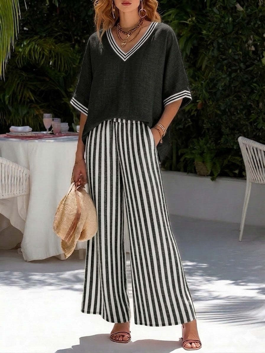 Tunic-style Striped Casual Trousers Womens Outfit
