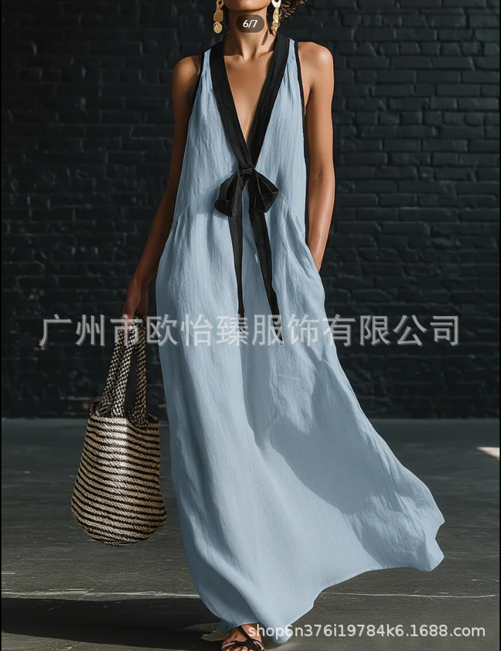 Classic Elegant Contrast-color Necktie Long Dress