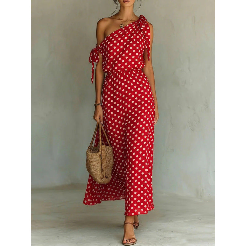 Polka-dot Off-shoulder One-shoulder Womens Dress