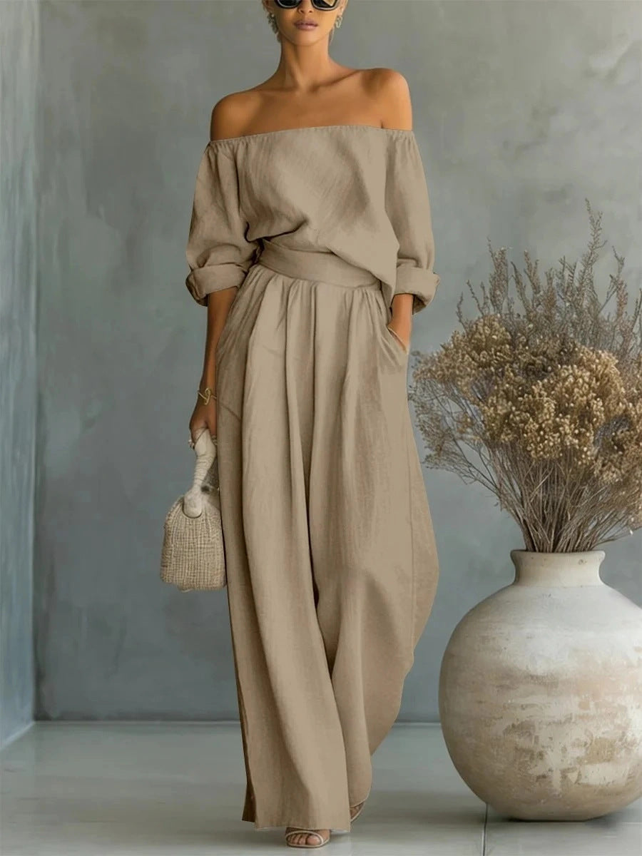 Casual Two-Piece Womens Outfit Off-Shoulder Top And Wide-Leg Pants Set