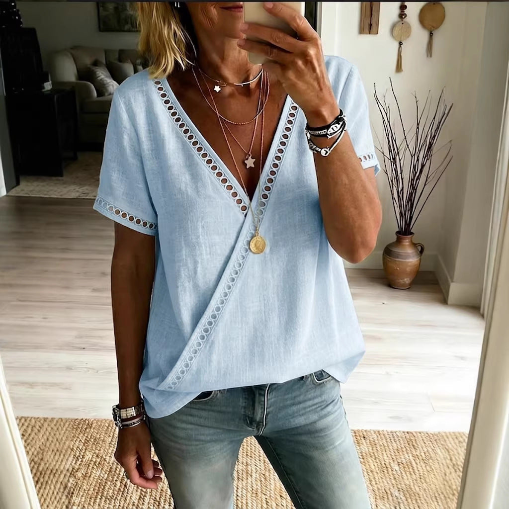 Casual Patchwork Hollow-Out Lace V-Neck Short-Sleeve Top