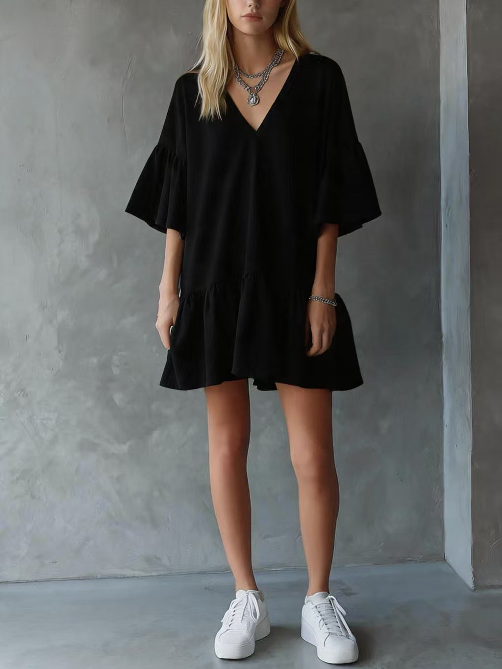 Womens Ruffled V-Neck Solid Color Loose Short Dress