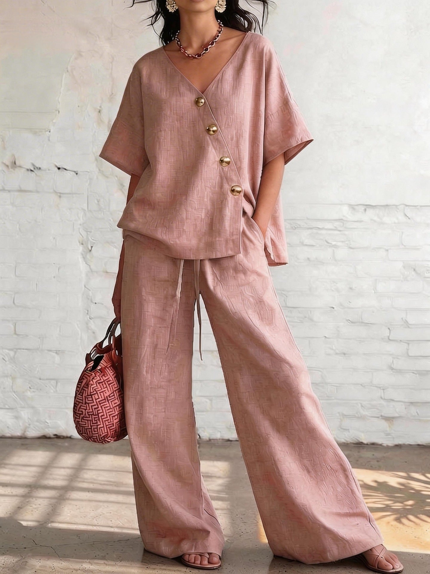 Casual Vacation Loose Cotton-Linen V-Neck Wide-Leg Pants Two-Piece Set