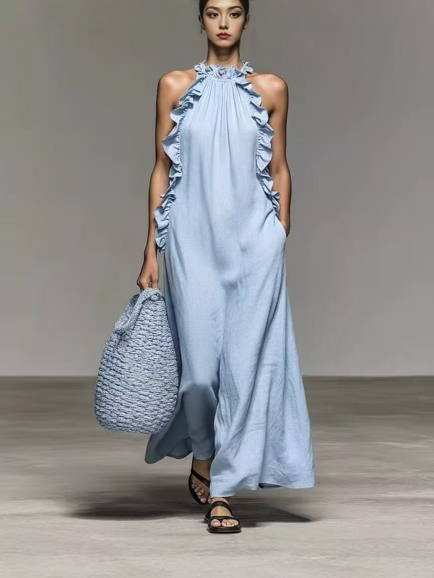 Summer Halter Neck Ruffled Sleeveless Dress, Loose Fit Flowy Dress With Pockets