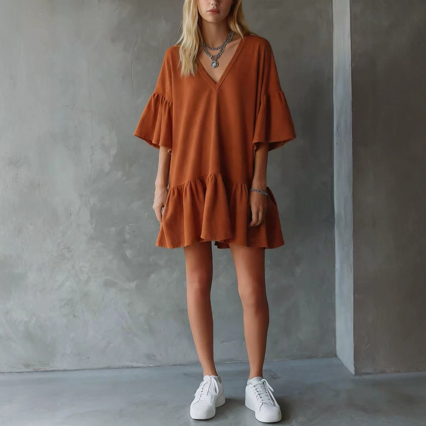 Womens Ruffled V-Neck Solid Color Loose Short Dress