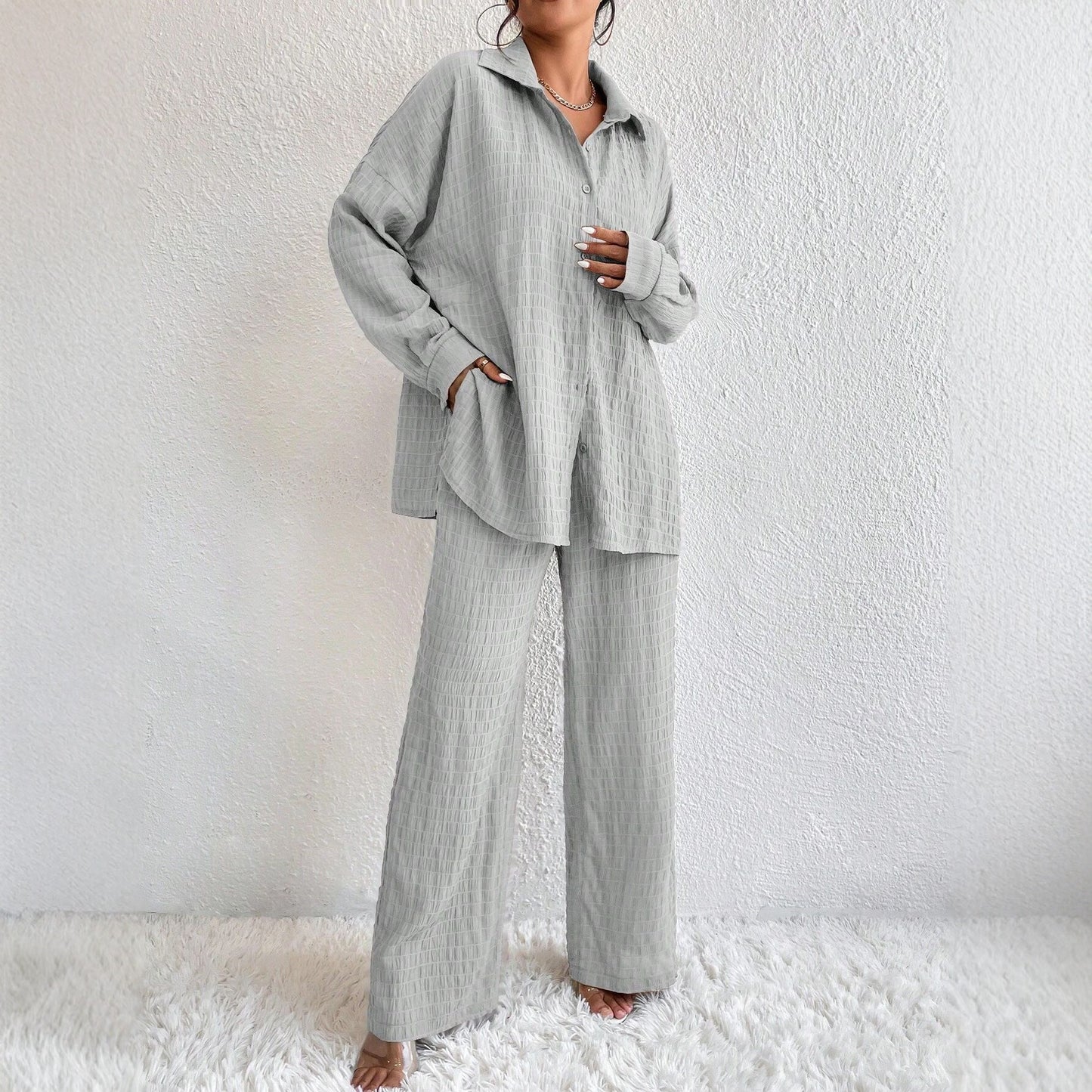 Summer New European And American Style Pleated Long-Sleeve Lapel Loose Two-Piece Set