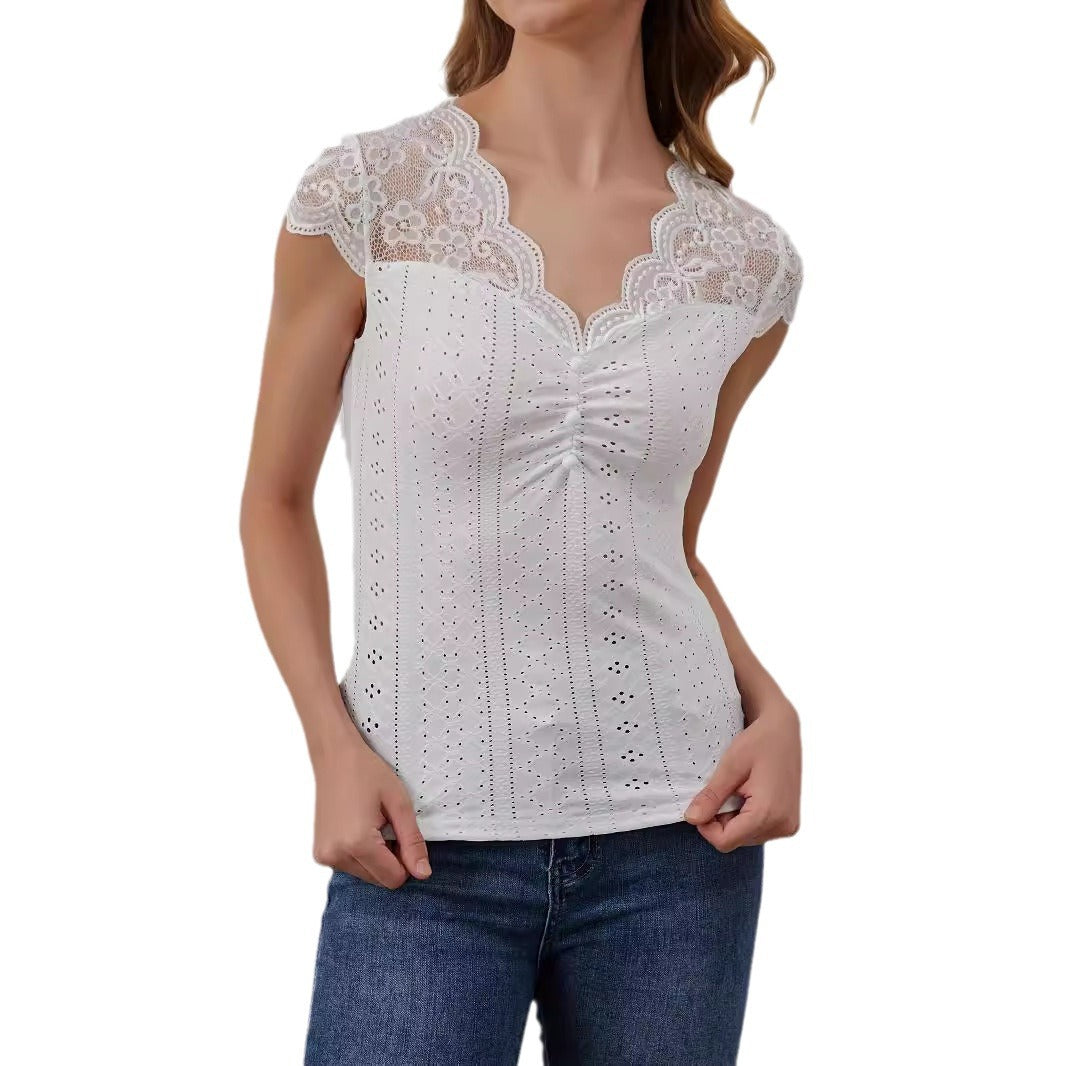 V-neck Front-Button Lace-Patchwork Slimming T-Shirt Short-Sleeve Top Womens Apparel