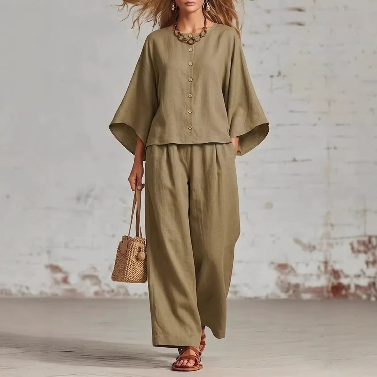 Women's Cotton And Linen Wide-leg Pants Suit