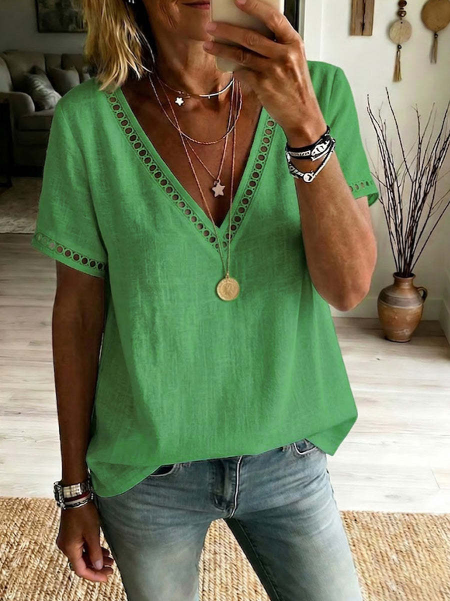 Women's Casual Patchwork Hollow-Out Lace V-Neck Short-Sleeve Top