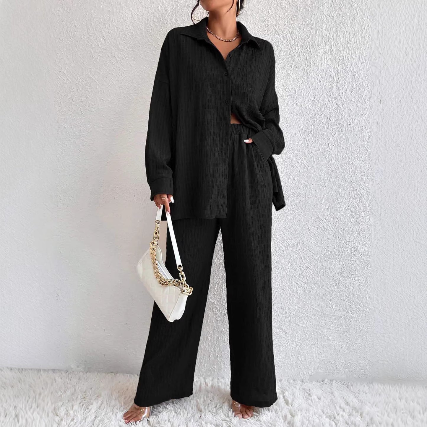Summer New European And American Style Pleated Long-Sleeve Lapel Loose Two-Piece Set