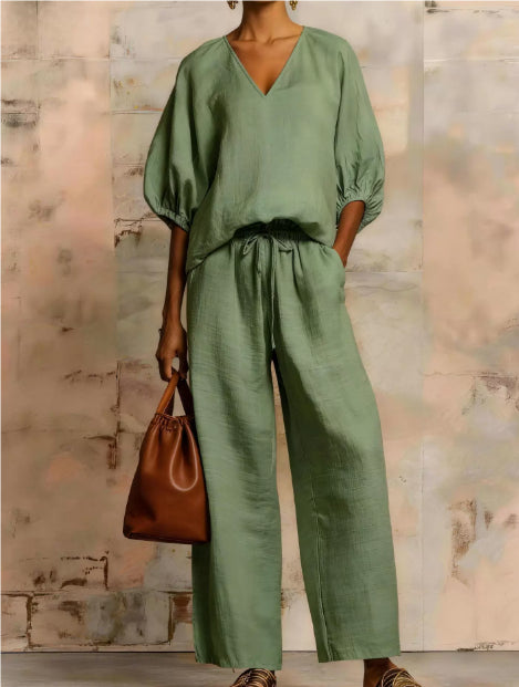 Womens Loose Solid-Colored V-Neck Half-Sleeve Top And Wide-Leg Pants Set