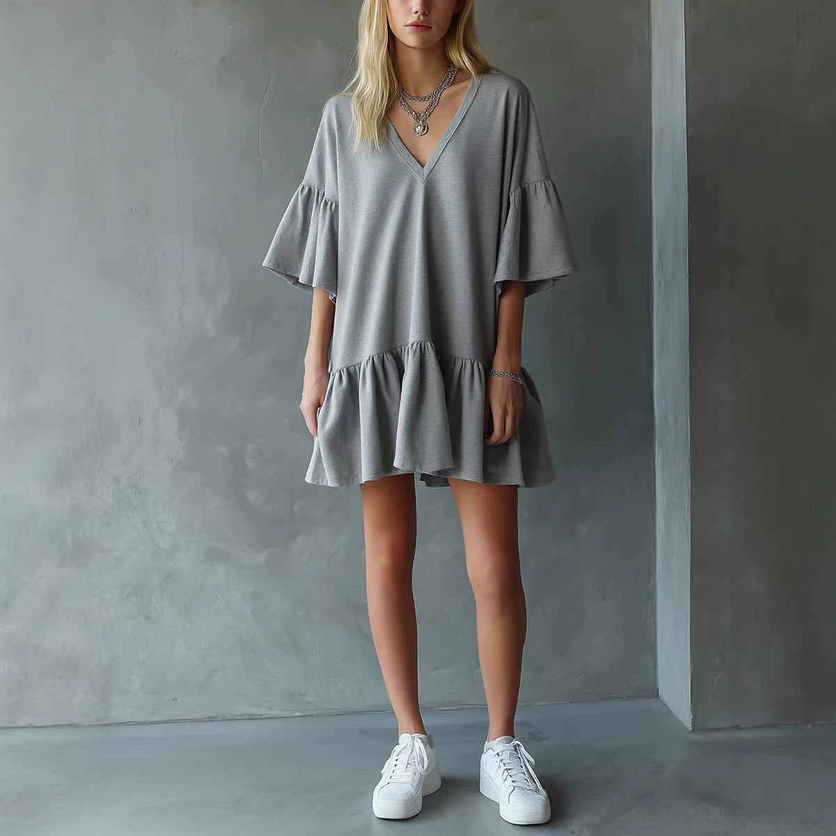Womens Ruffled V-Neck Solid Color Loose Short Dress