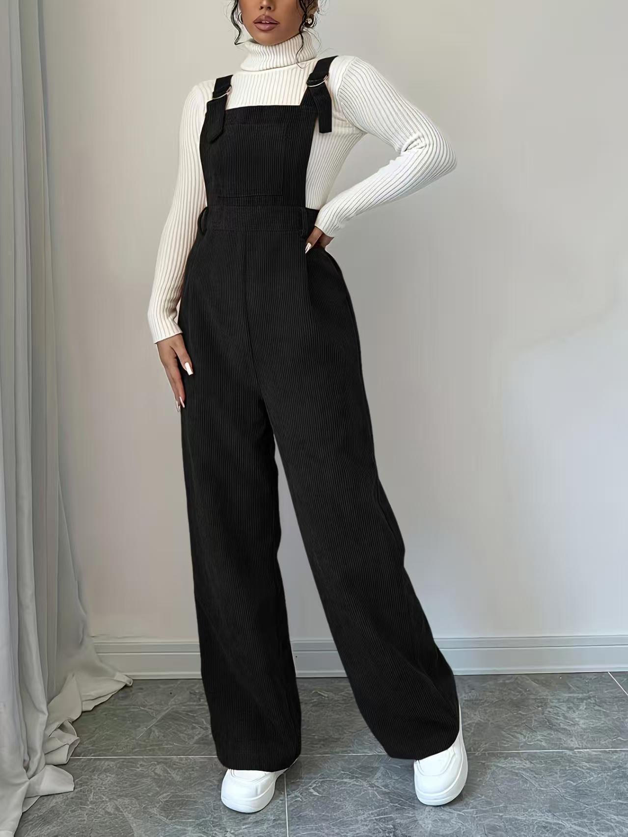 Corduroy Loose Straight Bib Pants Women