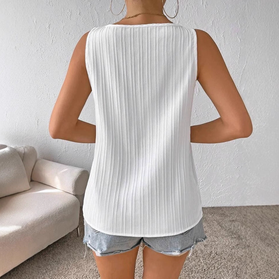 V-neck Spliced Hollow-out Lace Tank Top T-shirt
